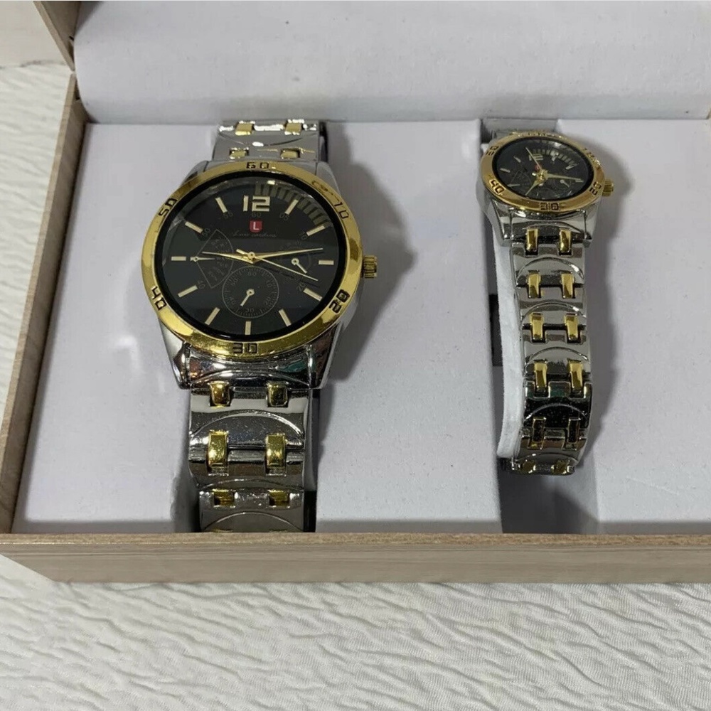 Luis Cardini His and Her Silver/Gold Tone Metal Link Stylish set of 2 Watches
